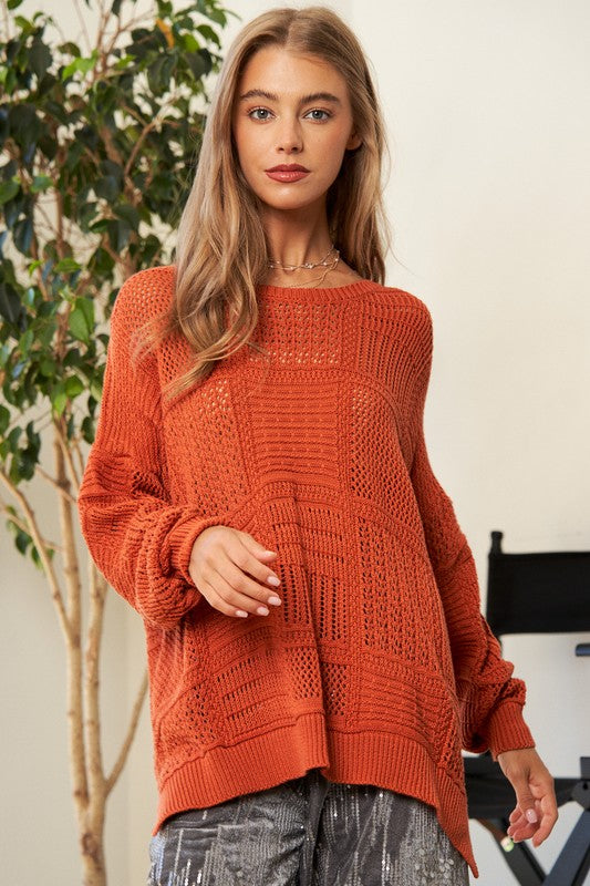 Davi & Dani Orange Openwork Side Slit Drop Shoulder Knit Cover Up