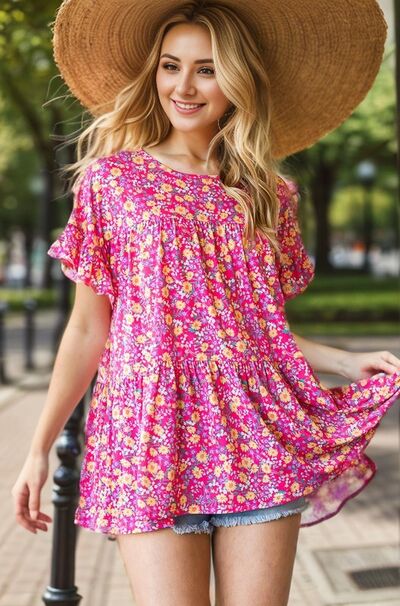 Heimish Ruffled Short Sleeve Floral Tiered Blouse