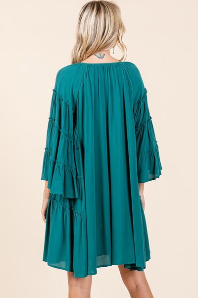 Mittoshop Teal Green Frill Tie Neck Long Bell Sleeve Empire Waist Dress