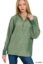 Zenana Ribbed Two Tone Half Zip Sweater in Dark Green