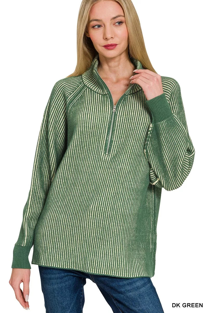 Zenana Ribbed Two Tone Half Zip Sweater in Dark Green