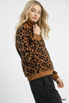Umgee Camel Leopard Print Quarter-Zip Sweatshirt