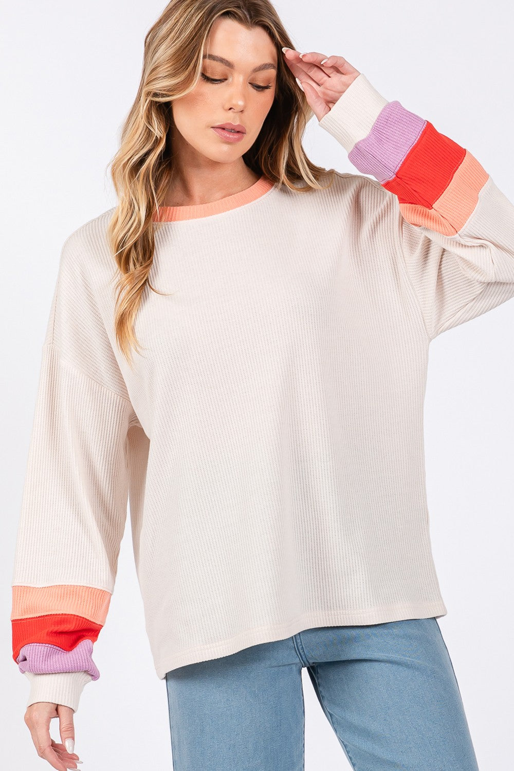 SAGE + FIG Sand Color Block Waffle Knit T-Shirt Trendsi