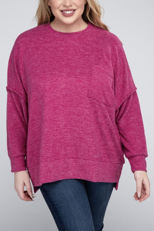 Zenana Plus Size Brushed Melange Drop Shoulder Sweater MAGENTA ZENANA