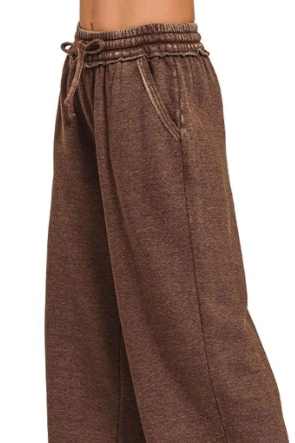 Zenana Mahogany Acid Wash Fleece Palazzo Sweatpants with Pockets
