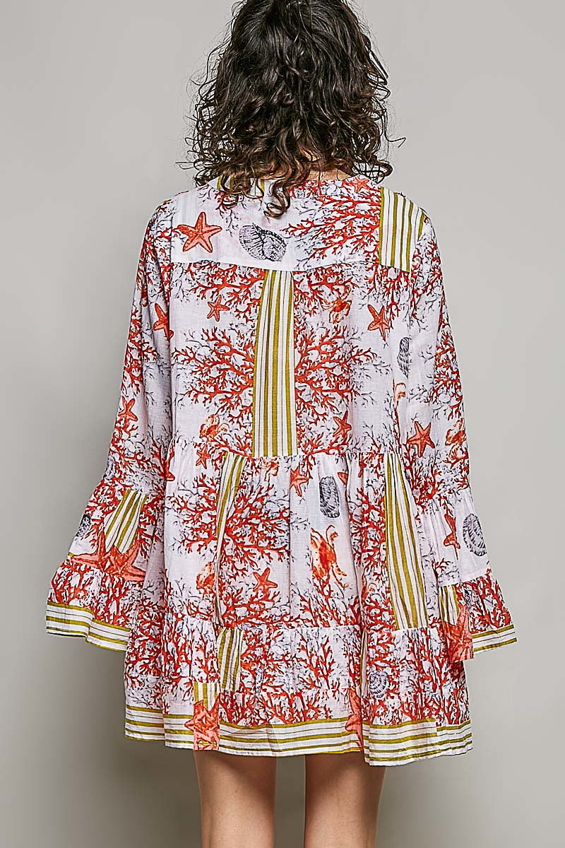 POL Ivory/Red Striped Floral Long Sleeve Mini Dress with Pintuck Detail