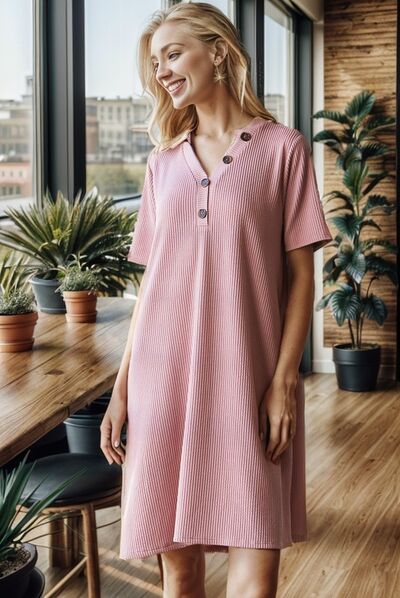 Heimish Solid Ribbed Rose Mini Dress with Buttons Rose