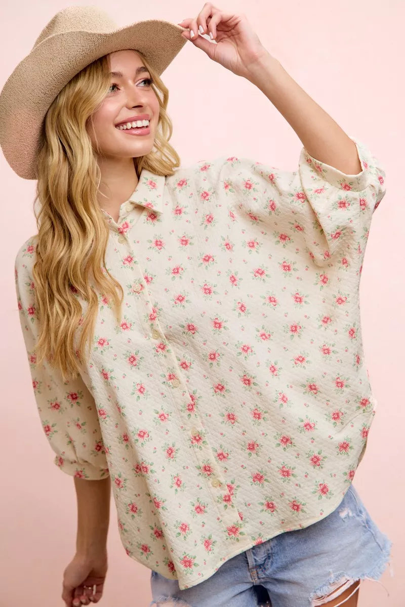 BiBi Flower Printed Short Dolman Blouse Top Red Flower