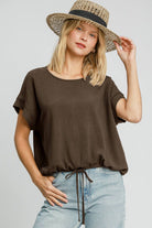 Umgee Coffee Brown Drawstring Hem Round Neck Short Sleeve T-Shirt Coffee Brown