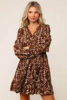 Haptics Mocha Floral Smocked Waist Tiered Woven Dress