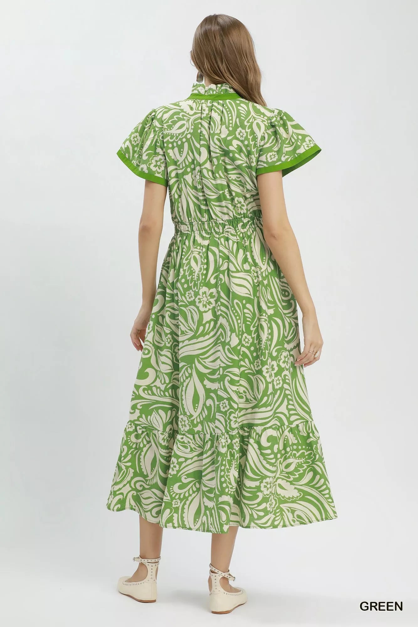 Umgee Green Paisley Print Midi Dress with Side Pockets