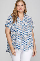 She + Sky Royal Blue Printed Johnny Collar Short Sleeve Blouse