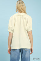 Umgee Off White Textured Trim Detail Short Sleeve Top