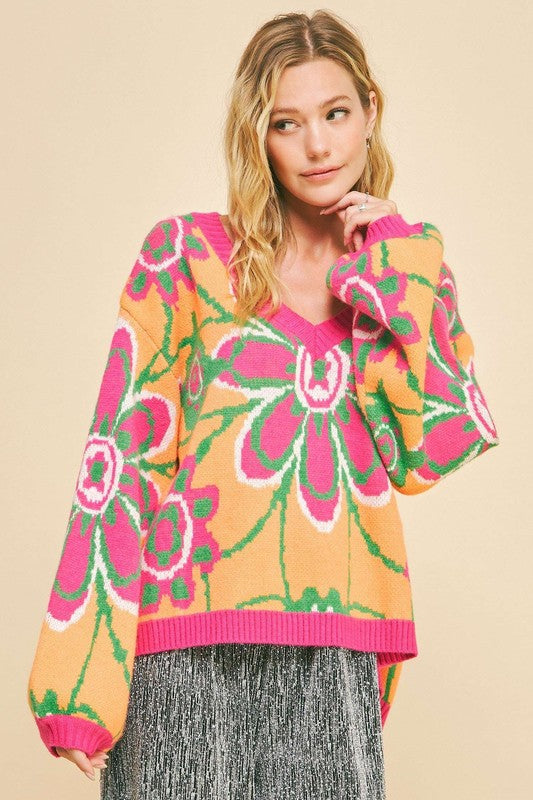 Davi & Dani Neon Orange Floral Contrast V-Neck Dropped Shoulder Sweater Trendsi