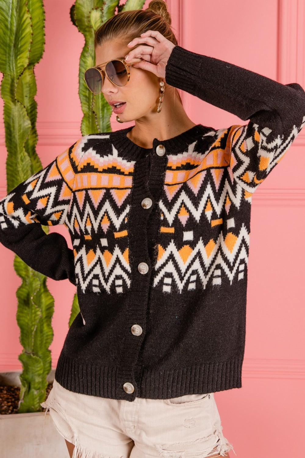 BiBi Ethnic Pattern Button Up Knit Cardigan Trendsi