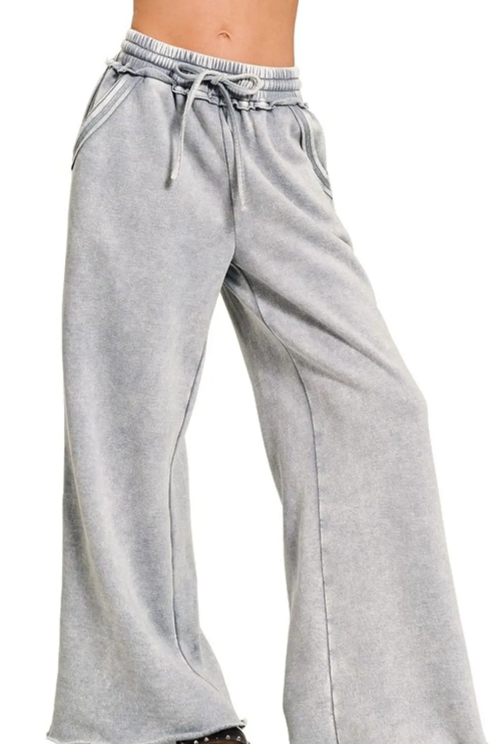 Zenana Sleet Acid Wash Fleece Palazzo Sweatpants with Pockets SLEET