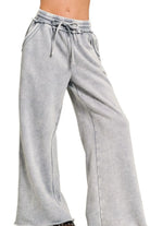 Zenana Sleet Acid Wash Fleece Palazzo Sweatpants with Pockets SLEET