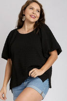 Umgee Black Boxy Cut Jacquard Round Neck Top with Side Slit