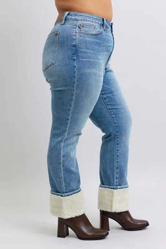 Judy Blue High Waisted Shearling Cuff Straight