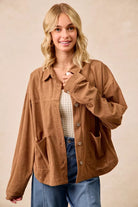 BiBi Camel Corduroy Relaxed Fit Shacket with Back Pleat CAMEL