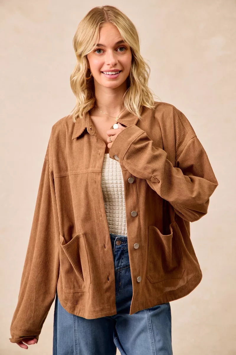 BiBi Camel Corduroy Relaxed Fit Shacket with Back Pleat CAMEL