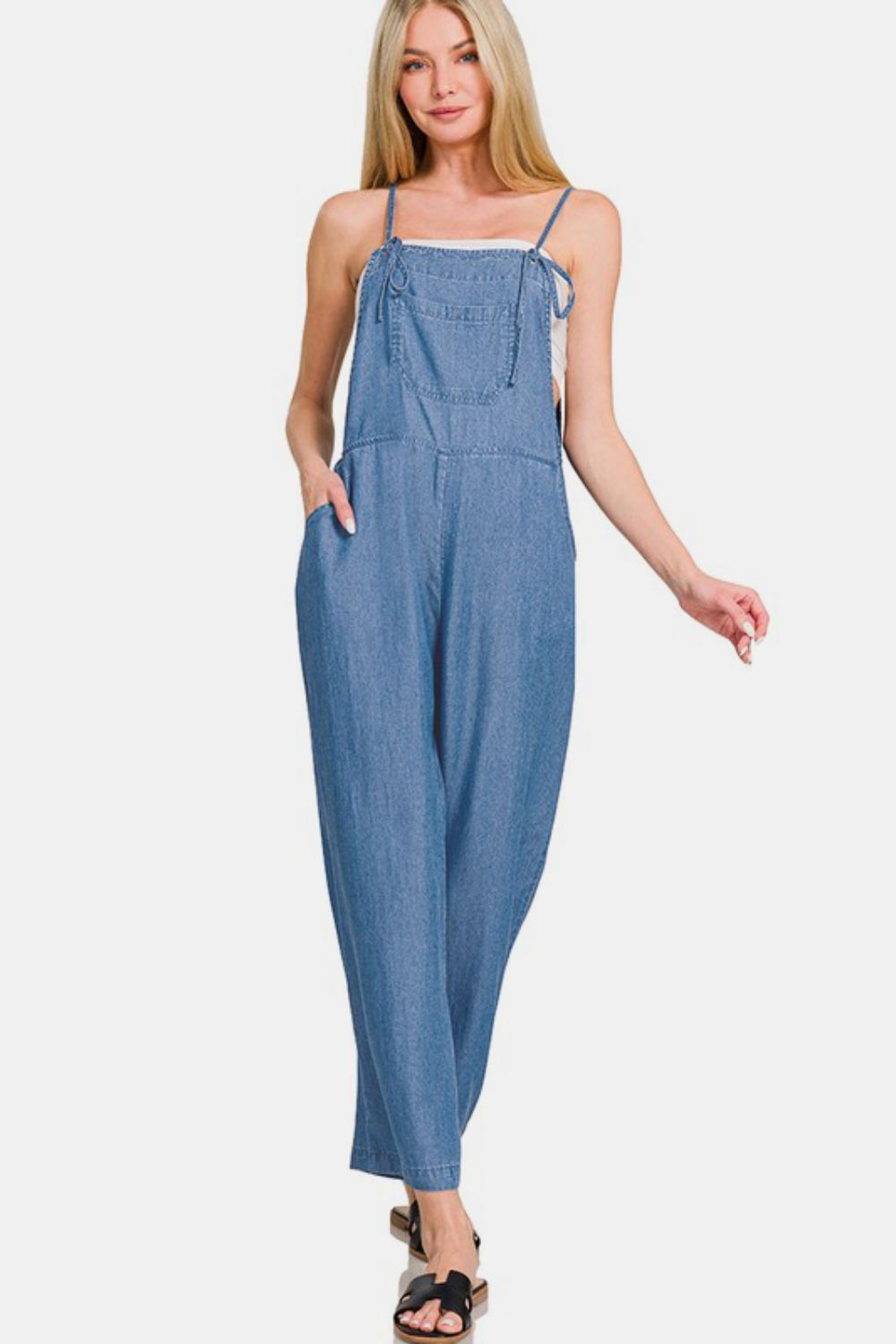 Zenana Washed Adjustable Strap Wide Leg Denim Overalls in Dusty Blue Jumpsuits & Rompers