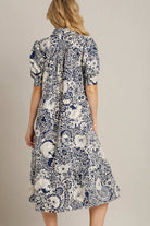 Umgee Dark Blue Printed Smocked Cuff Puff Sleeve Midi Dress