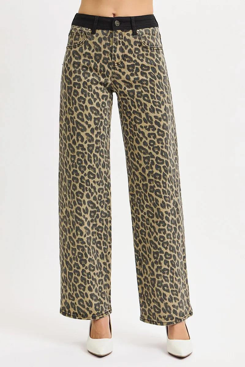 RISEN Coffee High Rise Wide Leg Leopard Printed Jeans with Contrast Waist Band Detail COFFEE
