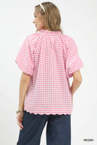 Umgee Peony Gingham Bubble Sleeve Blouse with Scallop Hem