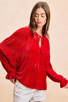 BiBi Red Christmas Theme Velvet Bow Tied Top With Neck Drop