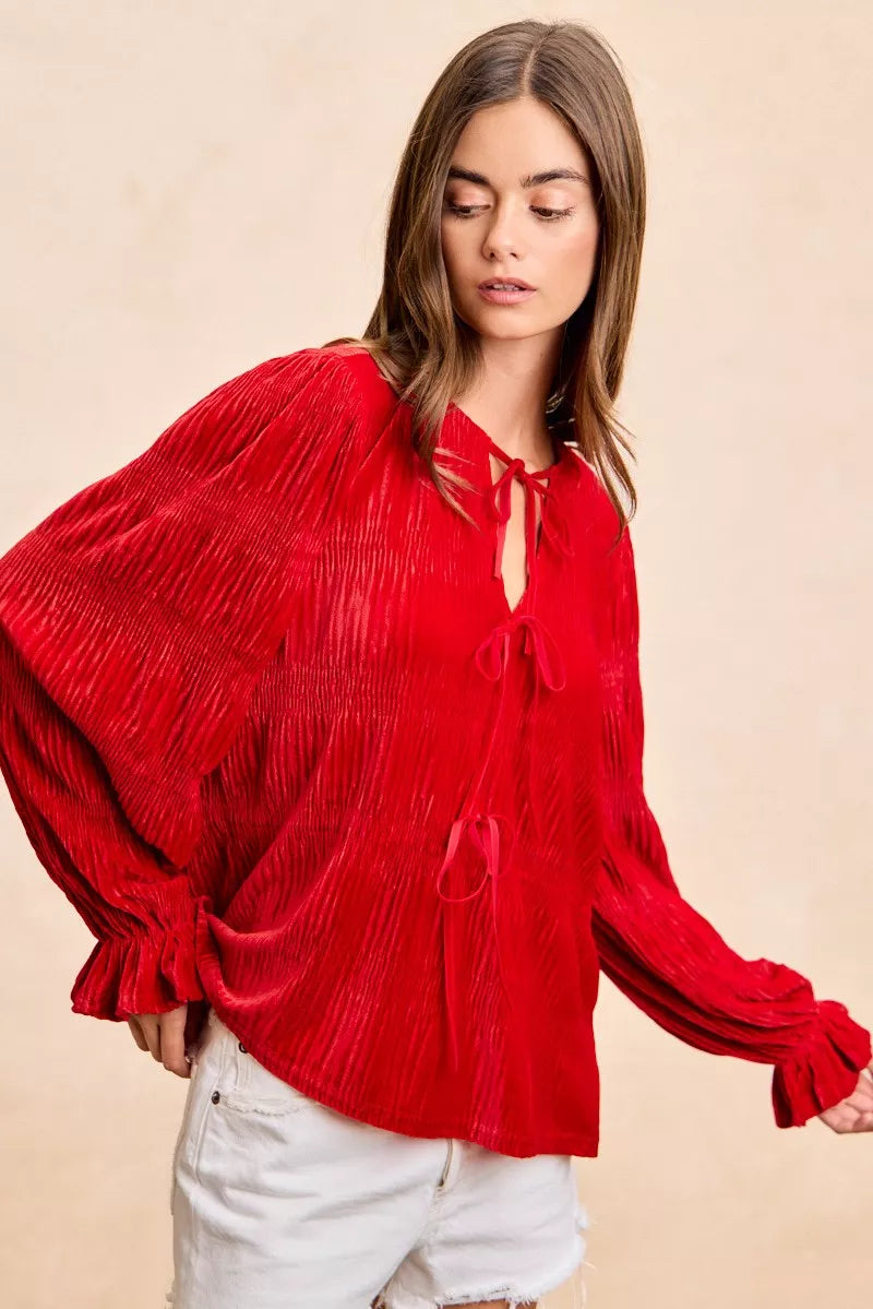 BiBi Red Christmas Theme Velvet Bow Tied Top With Neck Drop