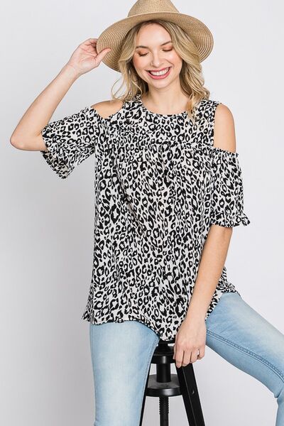 Heimish Leopard Round Neck Cold Shoulder Ruffle Sleeve Blouse