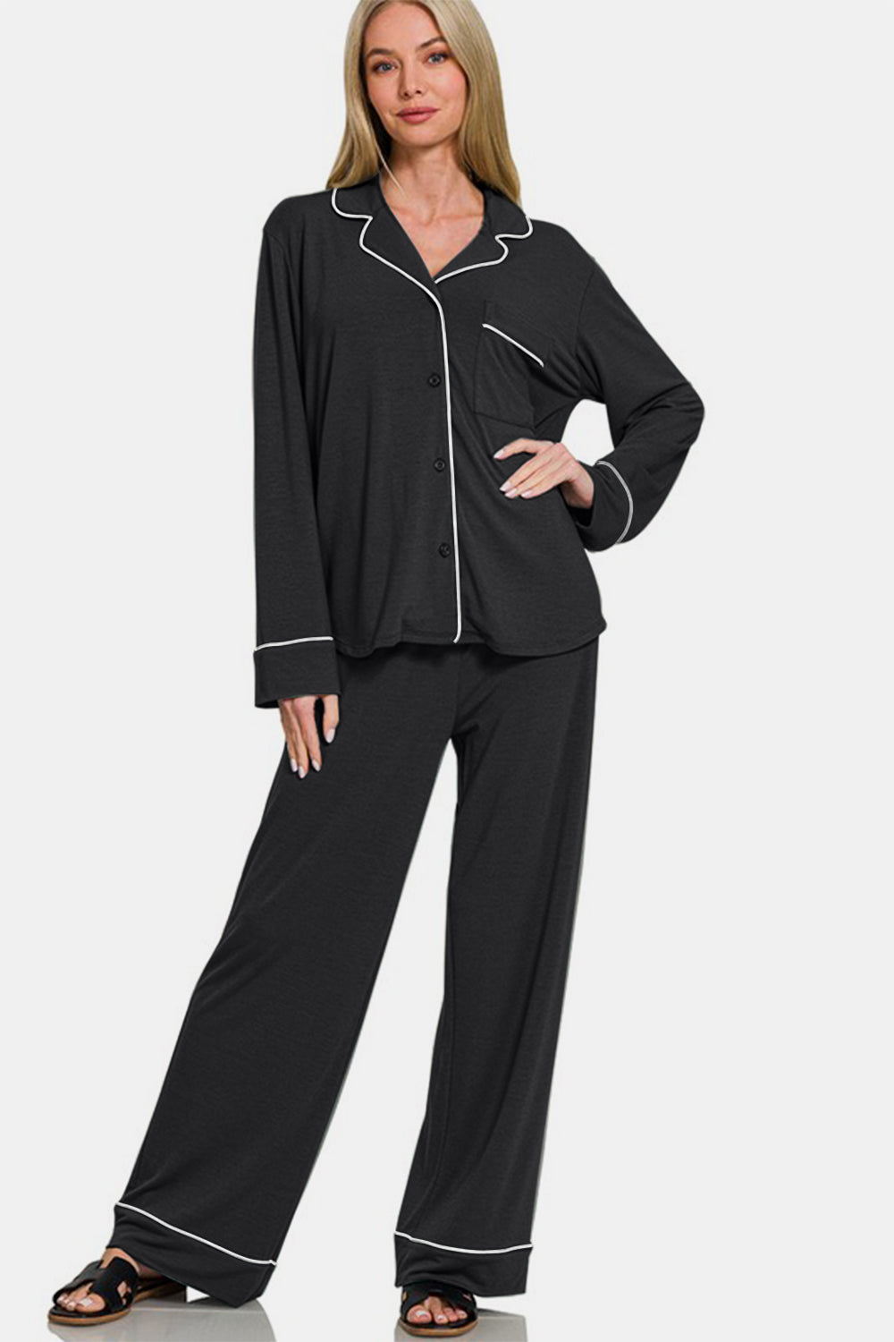 Zenana Black Button Down Long Sleeve Top and Pants Lounge Set