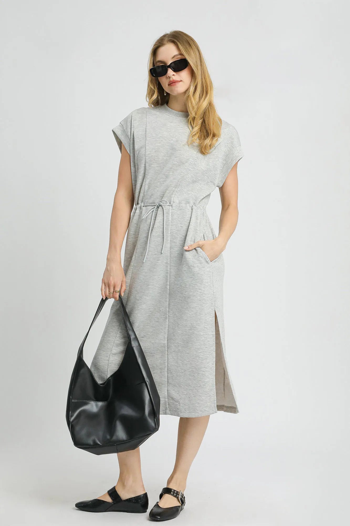 Umgee Grey Side Slit Short Sleeve Luxe Knit Midi Tee Dress Light Gray
