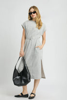 Umgee Grey Side Slit Short Sleeve Luxe Knit Midi Tee Dress Light Gray