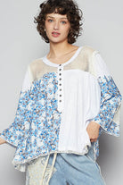 POL White & Blue Washed Floral Print Crochet Detail Top White