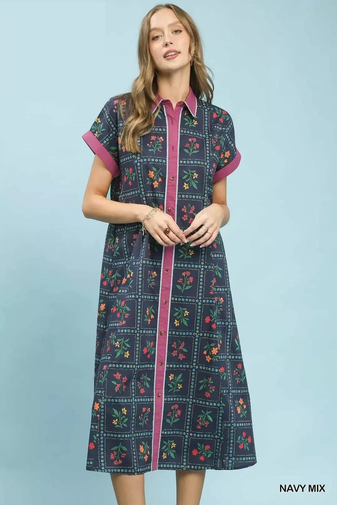 Umgee Navy Mix Floral Button-Front Midi Dress