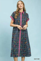 Umgee Navy Mix Floral Button-Front Midi Dress