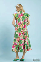 Umgee Green Mix Bold Floral Tiered Midi Dress