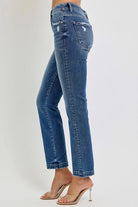 RISEN Dark Washed Tummy Control Elastic Band Mid Rise Straight Jeans