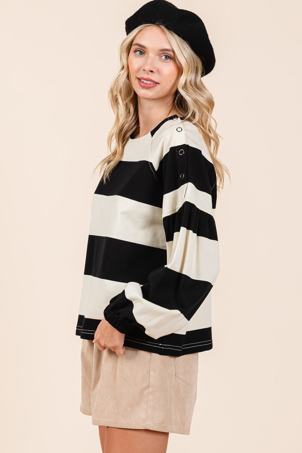 Mittoshop Black & Ivory Striped Snap Shoulder Long Sleeve T-Shirt Shirts & Tops