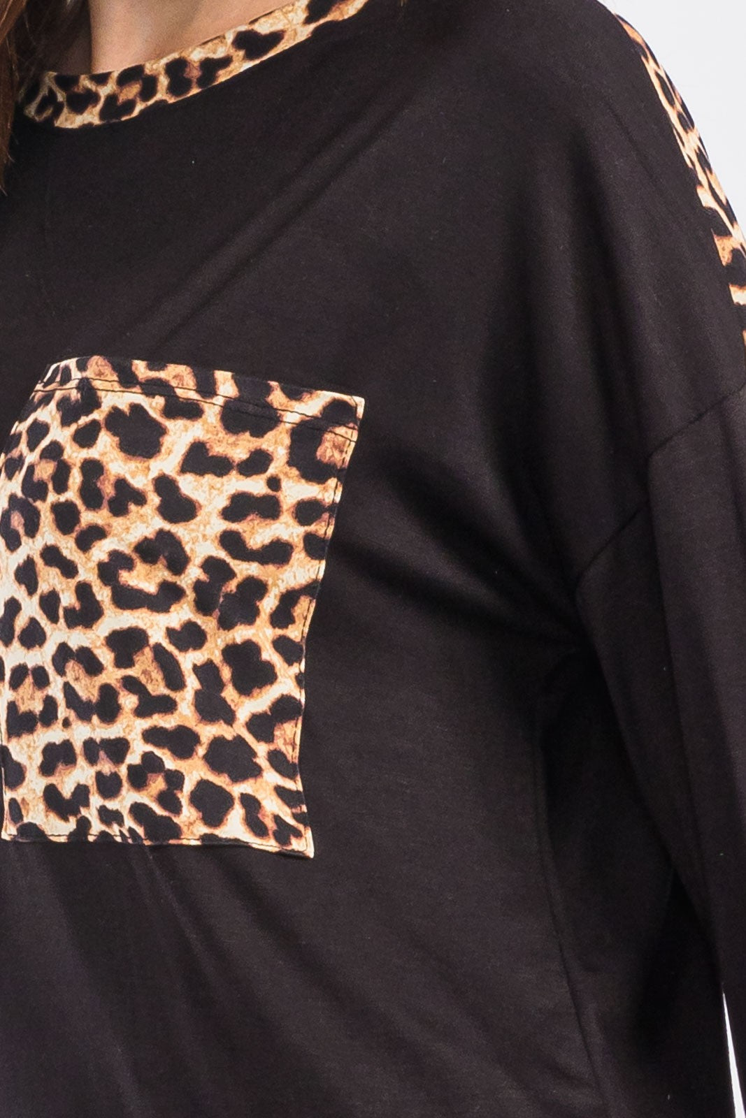 Celeste Black & Leopard Round Neck Dropped Shoulder Top Shirts & Tops