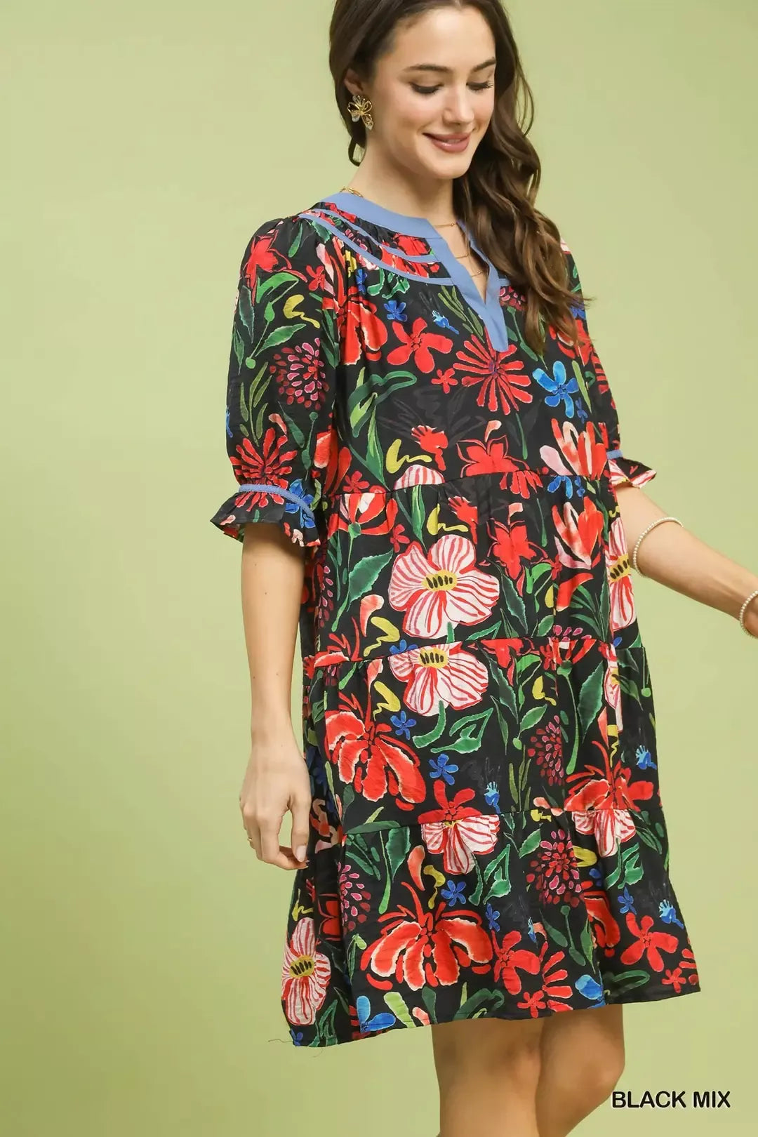 Umgee Black Mix Floral Tiered Puff Sleeve Dress