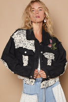 POL Crochet Patch Embroidered Button Up Jacket Black Coats & Jackets