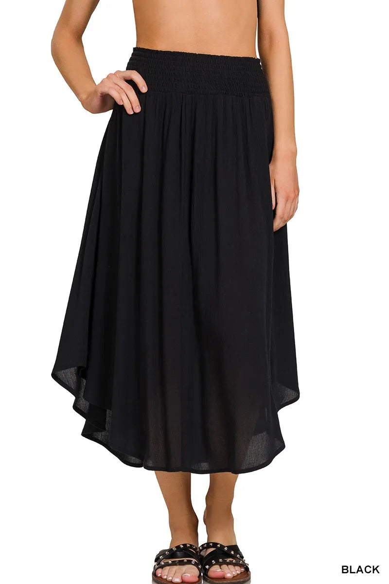 Zenana Black Woven Crinkle Smocked Waist Maxi Skirt W Pockets