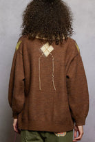 POL V-Neck Argyle Pattern Mohair Sweater with Contrast Exposed Stitch Detail