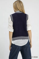 Umgee Contrast Striped Trim Button-Down Sweater Vest