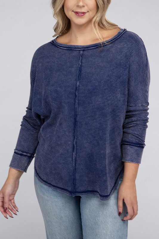 Zenana Plus Size Washed Baby Waffle Oversized Long Sleeve Top LT NAVY ZENANA