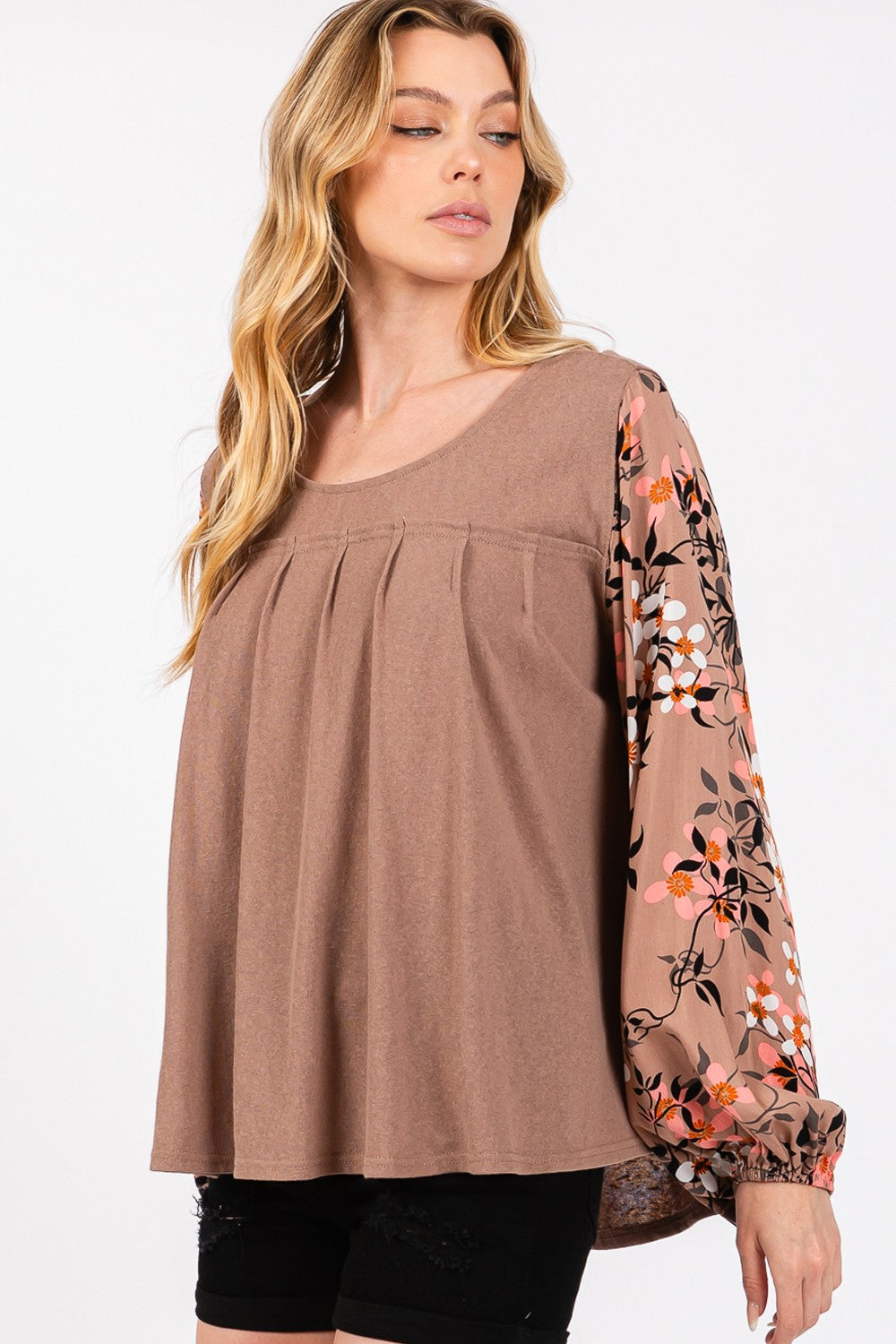 SAGE + FIG Brown Floral Long Sleeve Front Pleated Detail Blouse Trendsi