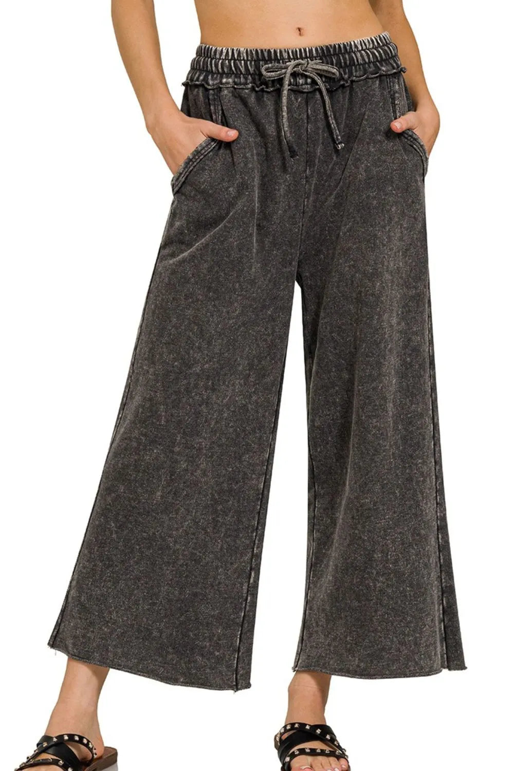 Zenana Ash Black Washed French Terry Palazzo With Pockets ASH BLACK